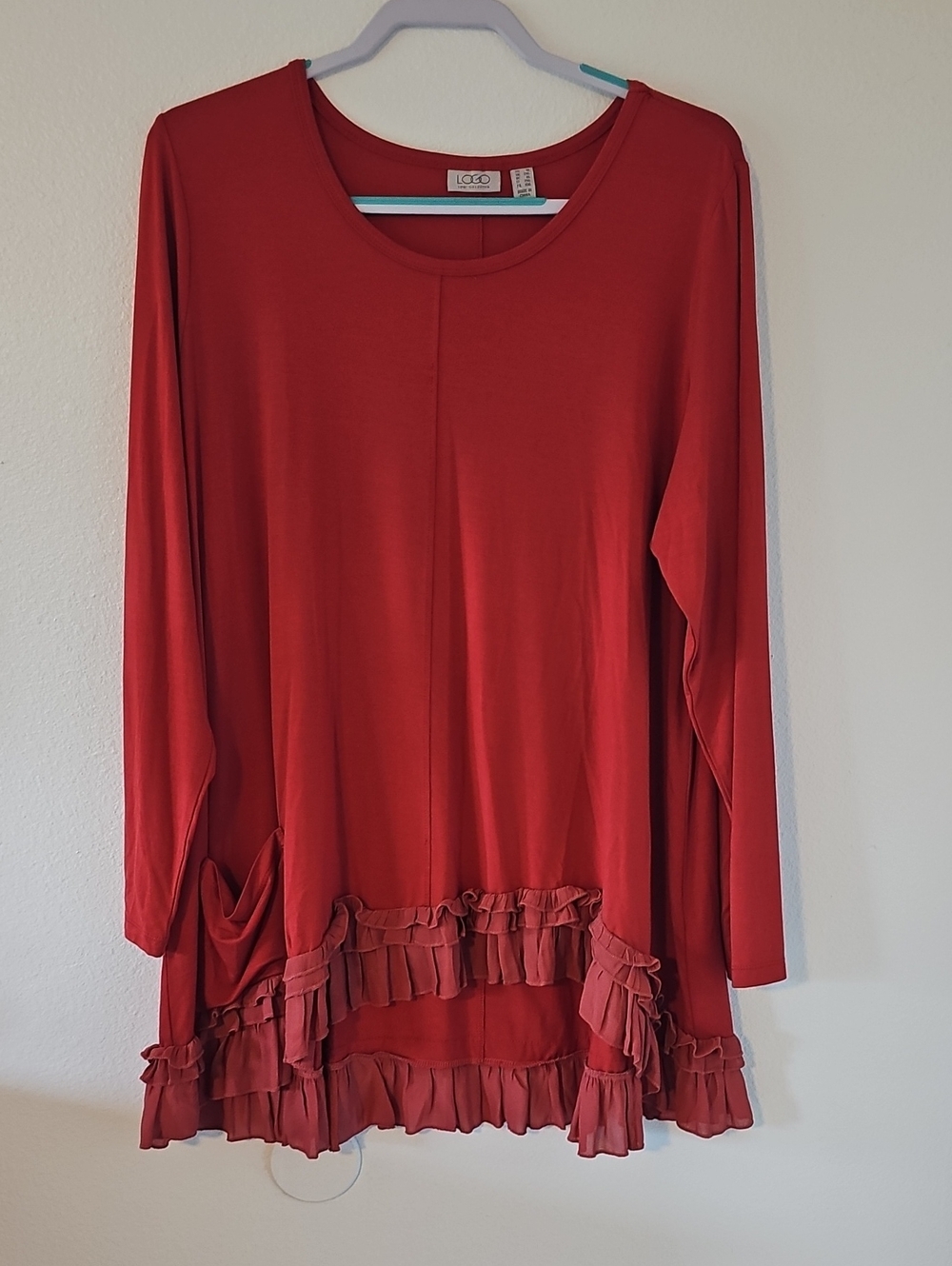 ●●L▪︎O▪︎G▪︎O  BY LORI GOLDSTEIN RUST TUNIC HI LOW RUFEL LONG SLEEVE NWOT S.1X●●